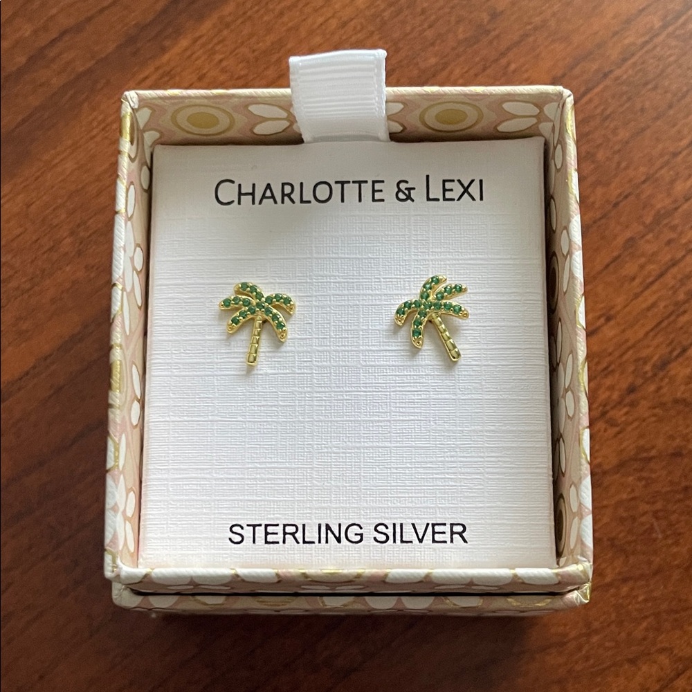 Gold and Green Sterling Silver Palm Tree Earrings